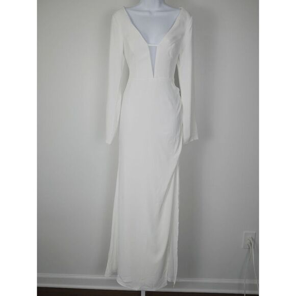 Lulu’s White Long Sleeve Maxi Dress | L | V-Neck | Mesh Insert | Formal Gown - Picture 3 of 13